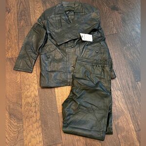 Dark green leather coat and pants